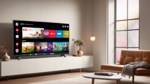 Create a visually appealing image of an LG Smart TV on a modern, sleek entertainment center. On the TV screen, display a user-friendly interface highlighting a DNS settings menu. Surround the TV with icons representing high-speed internet, security shields, and streaming service logos like Netflix and Hulu. The background should be a cozy living room with soft lighting, emphasizing a high-tech, comfortable home entertainment atmosphere.