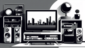 Create an illustration showing a modern home entertainment setup with multiple devices, such as a smart TV, laptop, tablet, and smartphone, all connected to a Smart DNS Proxy service. The Smart DNS Proxy icon is prominently displayed on the TV screen, and the setting gives a futuristic and tech-savvy vibe.