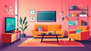Create an illustration of a modern living room featuring an LG Smart TV displaying a user-friendly interface for setting up DNS preferences. Include elements like a comfortable sofa, a coffee table with tech gadgets, and a vibrant wall displaying a 'Top DNS for LG Smart TV' infographic, showcasing popular DNS options. The atmosphere should be cozy and tech-savvy, with a warm color palette.