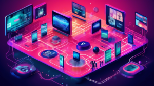 An artistic representation of a digital landscape showcasing the concept of smart DNS technology, with elements symbolizing BBC iPlayer, such as a TV screen displaying the BBC logo and streaming content, surrounded by interconnected nodes and data flows representing internet connectivity and access. The scene should have a futuristic and vibrant feel, with a blend of technology and entertainment motifs.