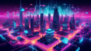 Create an imaginative illustration showcasing a futuristic city where digital networks and cloud computing are visually represented, interconnected with bright neon lights. In the foreground, display a giant screen streaming Netflix content, emphasizing high-quality resolution and smooth performance. Include elements that symbolize smart DNS technology, like gears and circuit patterns, integrating them seamlessly into the cityscape.