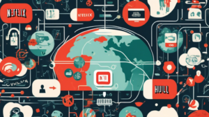 Create an image showcasing a user seamlessly navigating the internet with a computer while various global icons (like the Netflix, BBC, Disney+, and Hulu logos) appear around the screen. Emphasize global connectivity, security, and speed with stylized depictions of fast-moving data and padlocks. Above all, make the term 'Unlocator DNS' stand out prominently in a modern font.