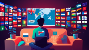 Create an image that showcases the benefits of using Overplay Smart DNS for global streaming. The scene features a person sitting comfortably on a sofa with a laptop, watching various international streaming services on the screen. Display flags of different countries, representing the global accessibility, and digital networks circling the laptop to symbolize the technology behind Smart DNS. The room is well-lit, giving it a modern and cozy atmosphere, with streaming icons subtly floating around to emphasize seamless viewing.