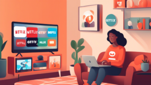 Create an image depicting a user enjoying multiple streaming services on various devices (such as a TV, tablet, and laptop) in a cozy, modern living room setting. Highlight icons or logos of popular streaming platforms like Netflix, Hulu, and Disney+ on the screens. Subtly incorporate the Getflix Smart DNS logo or a visual element representing Smart DNS technology, such as interconnected globe or network symbols, in the background. Emphasize a seamless and enjoyable streaming experience.